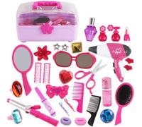 Deao Toys 34 Pcs Hairdressing And Glamour Vanity Carry Case Play Set Pretend Makeup Jewellery Toy Curling Iron Toy Hairdryer Birthday