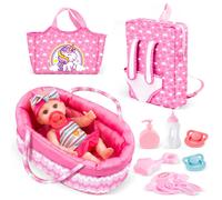 deAO Toys Baby Doll Bassinet Bed Backpack Playset includes a realistic baby doll - pink - 3+