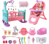 Deao Toys Deao Doll Toy Set Doll 15-Piece Toy Set Including Mini Crib,mobile, High Chair, Feeding Accessories Baby Doll Christmas Birthday