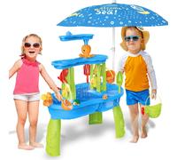 deAO Toys deAO Kids 3-Tier Water and Sand Play Table with Shade Umbrella - Outdoor Activity Set with Water Wheels - blue
