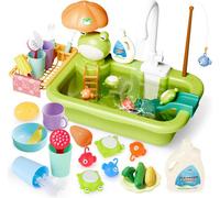 Deao Toys Green Frog Kitchen Play Sink With Running Water Pretend Play Wash-Up Kitchen Sets Upgraded Water Faucet Kids Role Play Dishwasher