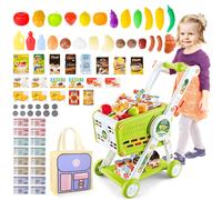 deAO Toys Green Kids Shopping Cart Toy Easy Assemble Supermarket Playset with Groceries Educational Role Play for Ages 3+