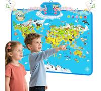 deAO Toys Interactive Talking World Animal Map for Kids 105+ Animal Sounds & Facts Educational Touch Poster Toy Learn Geography Animals & Fun Quizzes - blue - 3+