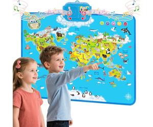 Deao Toys Interactive Talking World Animal Map For Kids 105 Plus Animal Sounds Facts-Educational Touch Poster Toy Learn Geography, Animals
