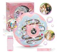 deAO Toys Magical Donut Camera Bubble Machine Automatic Light-Up Bubble Blower Fun Music & One-Click Operation blue & pink - bubble machine toy - blue & pink