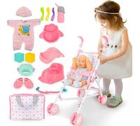 deAO Toys My First Baby Doll Play Set with Stroller Baby Doll Pushchair with Accessories - pink - 3+