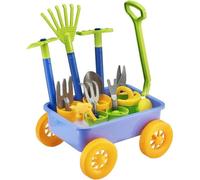 Deao Toys Pull Along Kids Wagon Wheelbarrow And Gardening Tools Play Set Includes 10 Accessories And 4 Plant Pots
