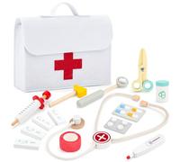 deAO Wooden Medical Kit with Felt Carry Bag, Wood Doctor Playset, First Aid Learning Toy Includes Stethoscope, Syringe, Bandage, Medicine Box, Thermometer, Educational Role Play Toys for Kids 3+