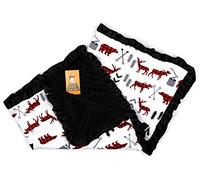 Dear Baby Gear Baby Blankets, Woodland Bear Moose Plaid, Minky Black, Black Ruffle