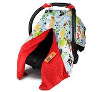 Dear Baby Gear Baby Car Seat Canopy, Blue Farm Life Animals and Tractor, Red Minky