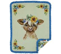 Dear Baby Gear Deluxe Baby Blanket, Double Layer Minky, Baby Calf with Sunflowers, Blue Ruffle, 43 x 33 Inches
