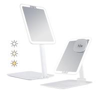 Dear girl Rechargeable Travel Makeup Mirror with Lights and Magnification 10X, Foldable Stand with Adjustable Height & Angle, 3 Light Colors & Stepless Dimming LED Lighted Vanity Mirror (White)
