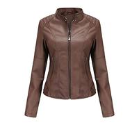 DEAR MODEL Faux Leather Jacket Women Bomber Jacket Women's Belted Motorcycle Jacket, Brown, XS