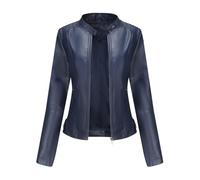 DEAR MODEL Faux Leather Jacket Women Bomber Jacket Women's Belted Motorcycle Jacket, Deep Blue, Medium