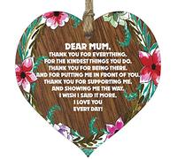 Dear Mum Thank You Gifts Wooden Heart Plaque, Light Wood Sign, Mothers Day Gift for Mum, Worlds Best Mum Hanging Wood Heart, Mummy Mother, Presents for Mum on her Birthday, Mum Gifts From Daughter