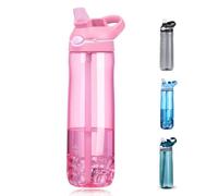 DEARART 24oz Water Bottles With Straw, 100% Leakproof BPA FREE Hidden Nozzle, Flip Up Lid Clear Water Bottle With Handle, Wide Bottle Easy Clear, Suit Office Gym Yoga Sports Travel, Pink
