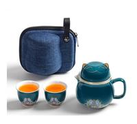 DEARART Beautiful Tea Cup Portable Set, 10.8oz Mug and 2-Cups, Wide Mouth Easy to Clean Keep Tea Hot, Steeping Loose Leaf Tea Bag, Cute Cat, Green