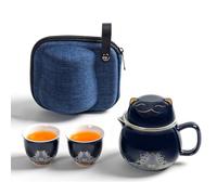 DEARART Beautiful Tea Cup Portable Set, 10.8oz Mug and 2-Cups, Wide Mouth Easy to Clean Keep Tea Hot, Steeping Loose Leaf Tea Bag, Cute Cat, Dark Blue