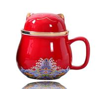 DEARART Beautiful Tea Cup with Infuser and Lid, 300ml Ceramic Tea Infuser Cup Easy to Clean Keep Tea Hot, Steeping Loose Leaf Tea, Coffee, Milk, Cute Cat, Red