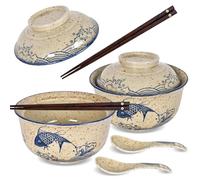 DEARBAG 2 x Ramen Bowl Set, 800 ml, Ceramic Ramen Bowl with Lid, Spoon and Chopsticks, Japanese Soup Bowl, Asian Tableware, Diameter 16 cm, Ramen Bowl for Ramen, Salad, Cereal (A)