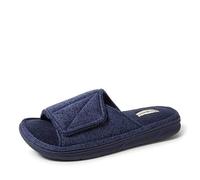 Dearfoams Men's Chase Marled Knit Pattern Slide Memory Foam Slippers with Adjustable Strap, Navy, L