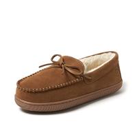 Dearfoams Men's Hudson Suede Memory Foam Moccasin with Tie Slipper, Chestnut 2, 12