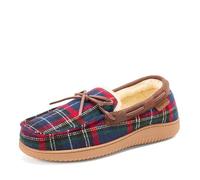 Dearfoams Men's Indoor Outdoor Breathable Pierce Moccasin Slipper, Blue Plaid, 11-12