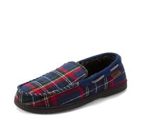 Dearfoams Men's Keaton Memory Foam Indoor Outdoor Moccasin with Wide Widths Slipper, Blue Plaid, 9-10