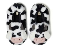 Dearfoams Unisex Adult Holiday Christmas Gift Family Matching Santa Reindeer Teddy Bear Plush Memory Foam Slippers, Adult Cow, 7-8 Women/5-6 Men