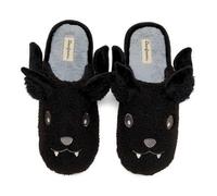 Dearfoams Unisex-Adult Spooky Fuzzy Halloween Pumpkin Jack O Lantern Slipper, Black Bat, 7-8 Women/5-6 Men