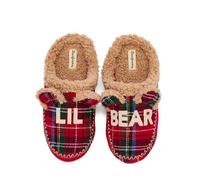 Dearfoams Unisex-Child Matching Family Holiday Lil Bear Sherpa Lined Moc Toe with Embroidery Slipper, Red Tartan Plaid, 9-10 Little Kid