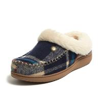 Dearfoams Women's Atley Indoor and Outdoor Slippers Fluffy Memeory Foam Clog Mule, Navy Plaid, 5 UK