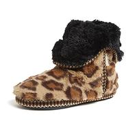 Dearfoams Women's Beth Furry Foldover Boot Slipper, Leopard, 5/6 UK