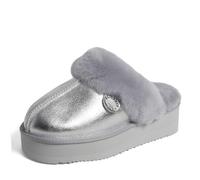 Dearfoams Women's Fireside Melton Genuine Shearling Shearling Platform Slippers Scuff, Silver Platform, 9 UK