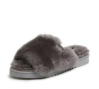 Dearfoams Women's Fireside Shearling Slide with Metallic Suede Trim Slipper, Gray, 6.5 UK