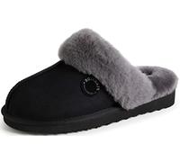 Dearfoams womens Fireside Sydney Shearling Fur Indoor/Outdoor Scuff Slipper With Wide Widths, Black/Grey Fur, 8 UK