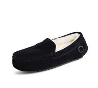 Dearfoams Women's Fireside Water Resistant Indoor/Outdoor Shearling Mel Moccasin Slipper, Wide Widths, Black/Cream, 7 UK