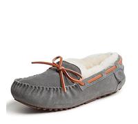 Dearfoams Women's Fireside Water Resistent Shearling Victoria Moc with Tie Slipper, Grey, 7 UK