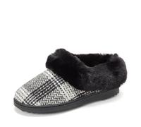 Dearfoams Women's Fuzzy Fluffy Memory Foam Hannah Knit Clog Shoe House Slipper, Black Plaid, 5-6