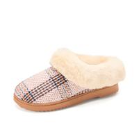 Dearfoams Women's Fuzzy Fluffy Memory Foam Hannah Knit Clog Shoe House Slipper, Pink Plaid, 7-8