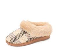 Dearfoams Women's Fuzzy Fluffy Memory Foam Hannah Knit Clog Shoe House Slipper, Tan Plaid, 11-12
