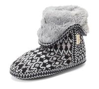 Dearfoams Women's Fuzzy Memory Foam Beth Bedroom Bootie Slipper Sock with Grippers, Black Fairisle, 11-12