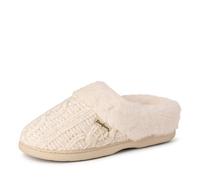 Dearfoams Women's Fuzzy Memory Foam Cable Knit Claire Clog House Slipper with Wide Widths, Muslin, 9-10