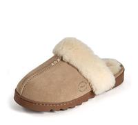 Dearfoams womens Fuzzy Memory Foam Genuine Suede Helena Scuff, Sand, 10