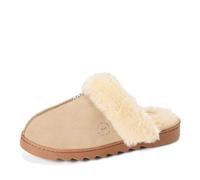 Dearfoams womens Fuzzy Memory Foam Genuine Suede Helena Scuff, Sand, 6