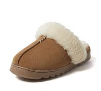 Dearfoams Women's Fuzzy Memory Foam Suede Helena Scuff Slipper, Chestnut, 8