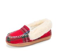 Dearfoams Women's Gifts Fuzzy Memory Foam Outdoor Ryland Moccasin with Cuff Slippers, Red Plaid, 7-8