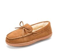 Dearfoams Women's Suede Indoor Outdoor Harriet Moccasin Shoe House Slippers, Chestnut, 6