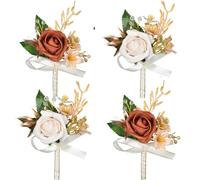 DearHouse Rose Wristband Corsage, Artificial Flowers for Wedding Bridesmaid Hand Flower Decor, 2 Pack (4, Orange&Champagne)