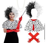 Dearlan 5 Pcs Women's Dalmatian Costume Set with Wig, Faux Shawl, Red Gloves, Pearl Necklace and Holder for World Book Day Costume